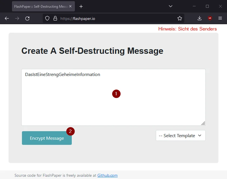 FlashPaper - Schritt 1/4: Der Sender gibt die geheime Information ein.
