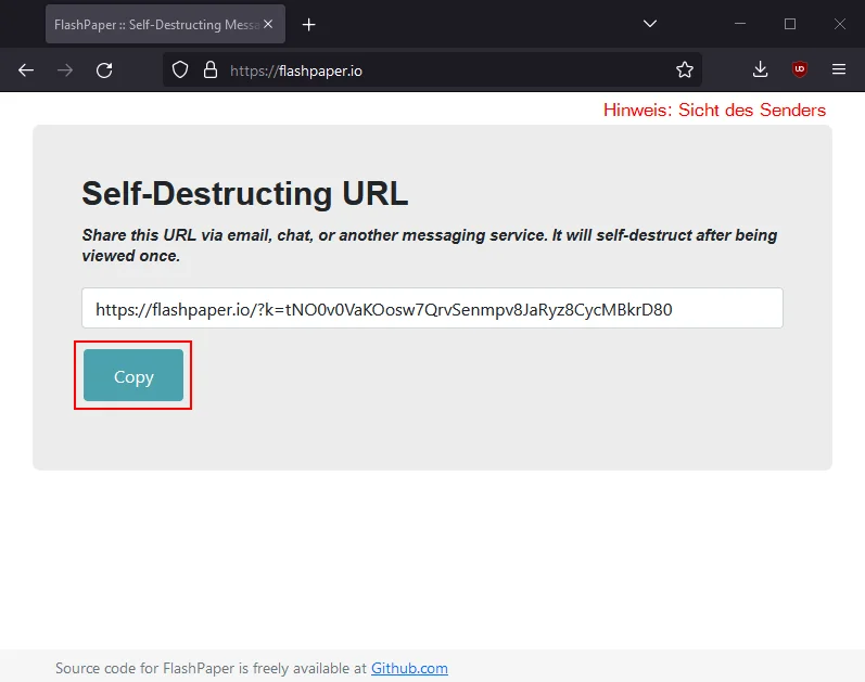 FlashPaper - Schritt 2/4: Der Sender kopiert den zufällig generierten Link
