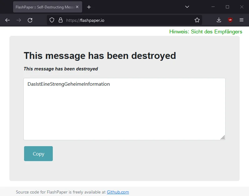FlashPaper - Schritt 4/4: Die Nachricht wird angezeigt und hat sich selbst zerstört.