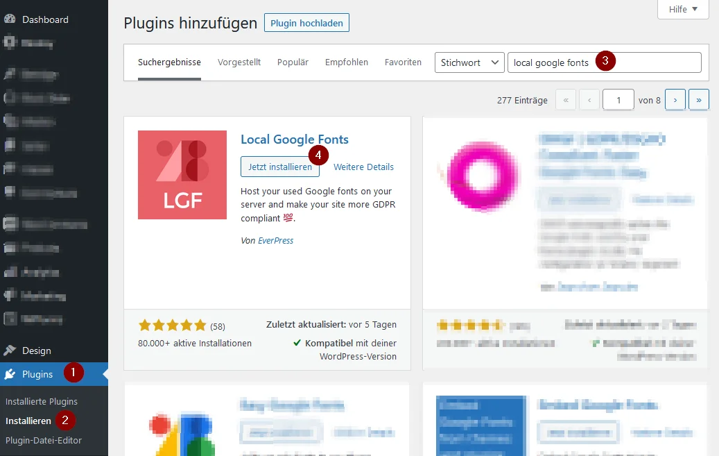 Screenshot von WordPress-Administration, Abschnitt "Plugins"