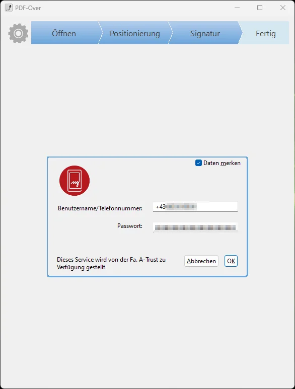 PDF-Over: Handysignatur/Passwort eingeben