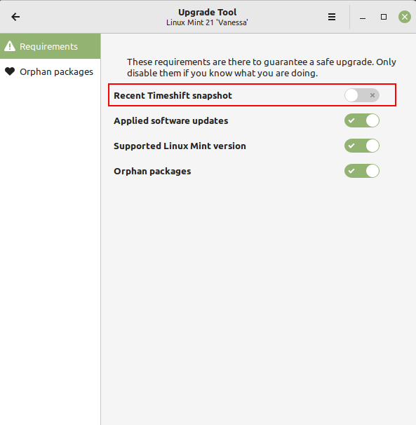 Linux Mint Upgrade Tool: Snapshot-Erstellung deaktivieren