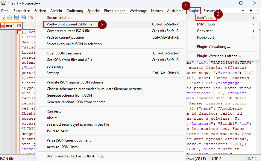 Aufruf des Notepad++-Plugins "JSON Tools"