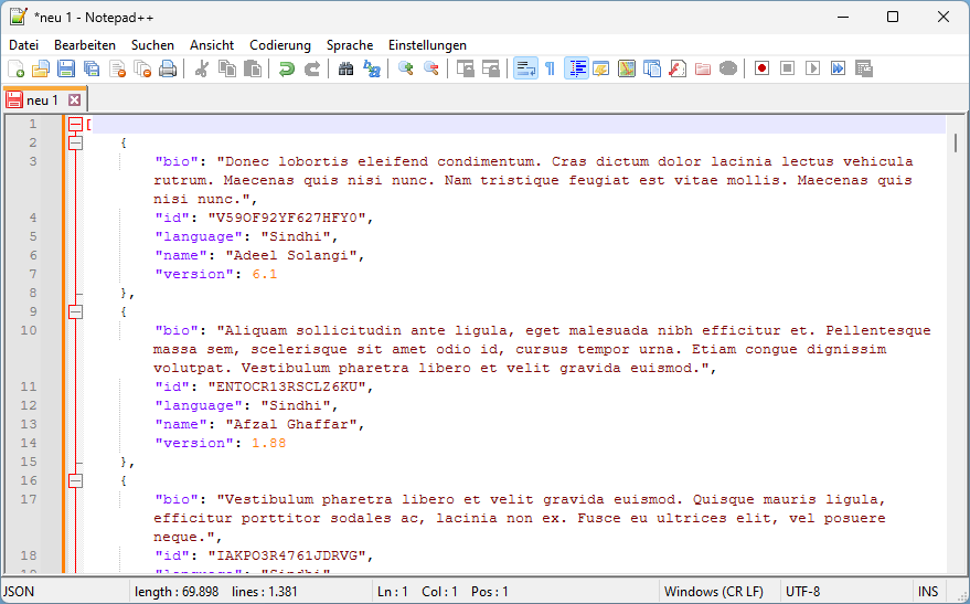 Formatierte Darstellung des JSON-Files