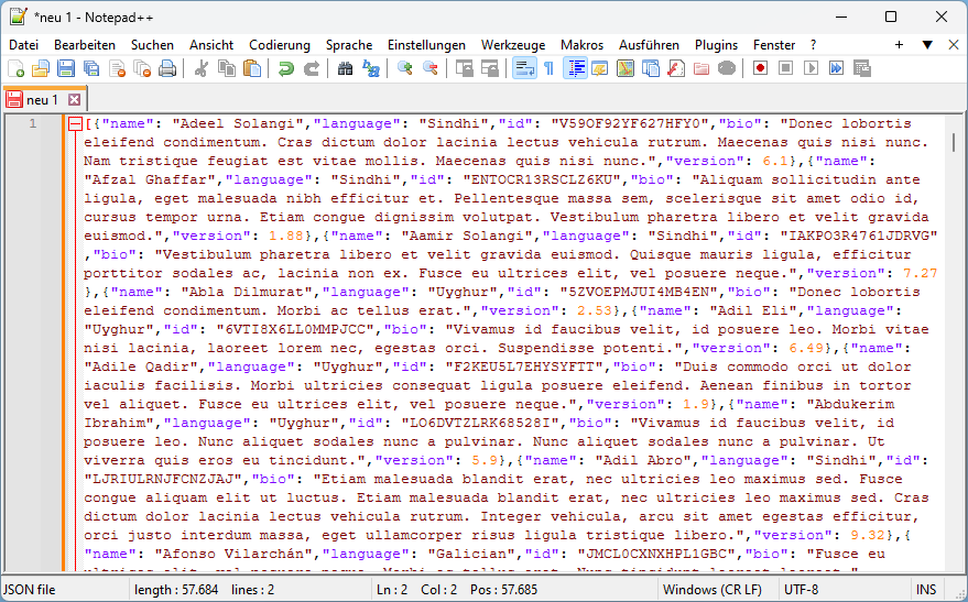 Unformatiertes / minified JSON File